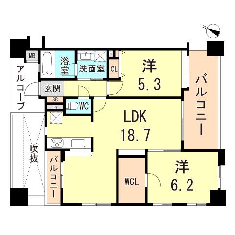 ワコーレアーバンステージ三宮(2LDK/2階)の間取り写真