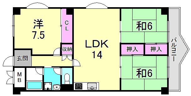 神垣ヒルKTハイム(3LDK/3階)の間取り写真