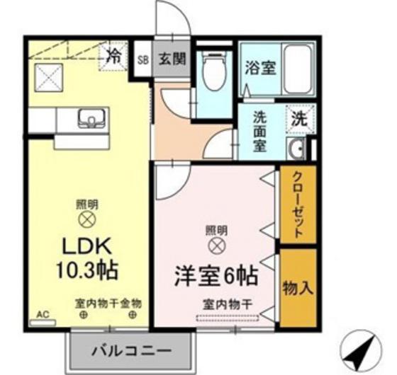 プレミールB棟(1LDK/1階)の間取り写真