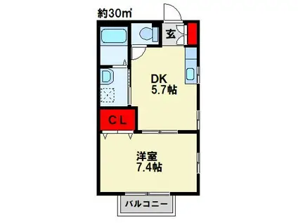 ドゥソレイユ21 B棟(1DK/2階)の間取り写真