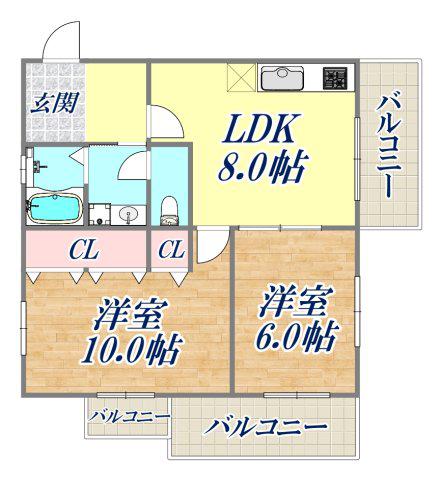 エイコースカイハイツ(2LDK/7階)の間取り写真
