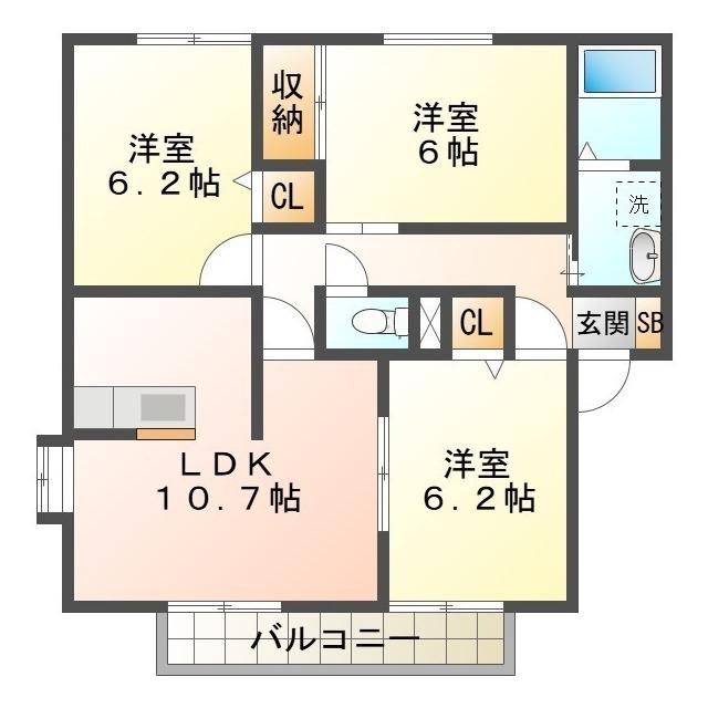 シャンブル南ヶ丘 C棟(3LDK/1階)の間取り写真
