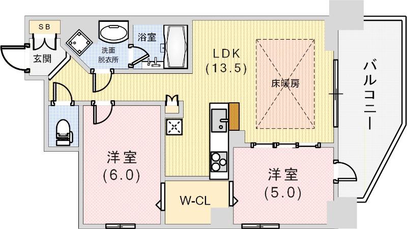ワコーレ神戸元町マークス(2LDK/6階)の間取り写真