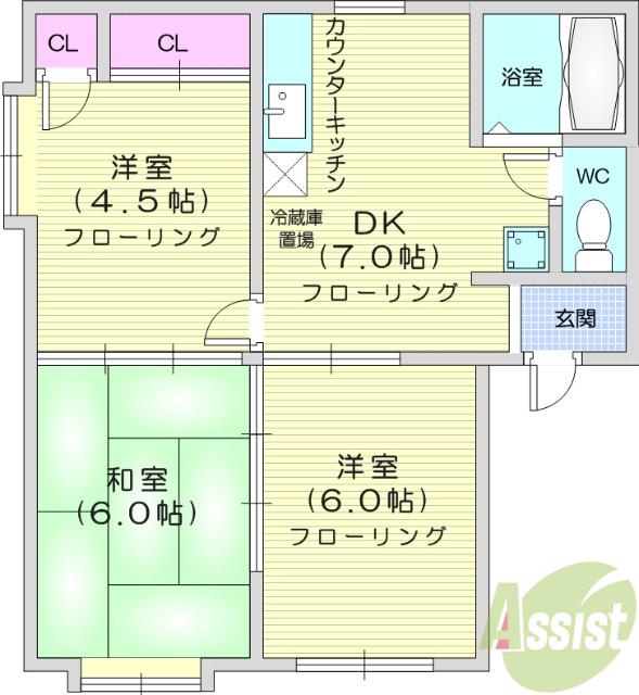 チェリータウン A棟(3DK/2階)の間取り写真