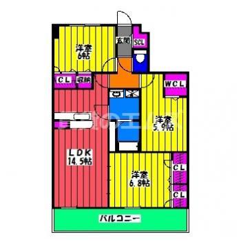 カリーナ東那珂(3LDK/3階)の間取り写真