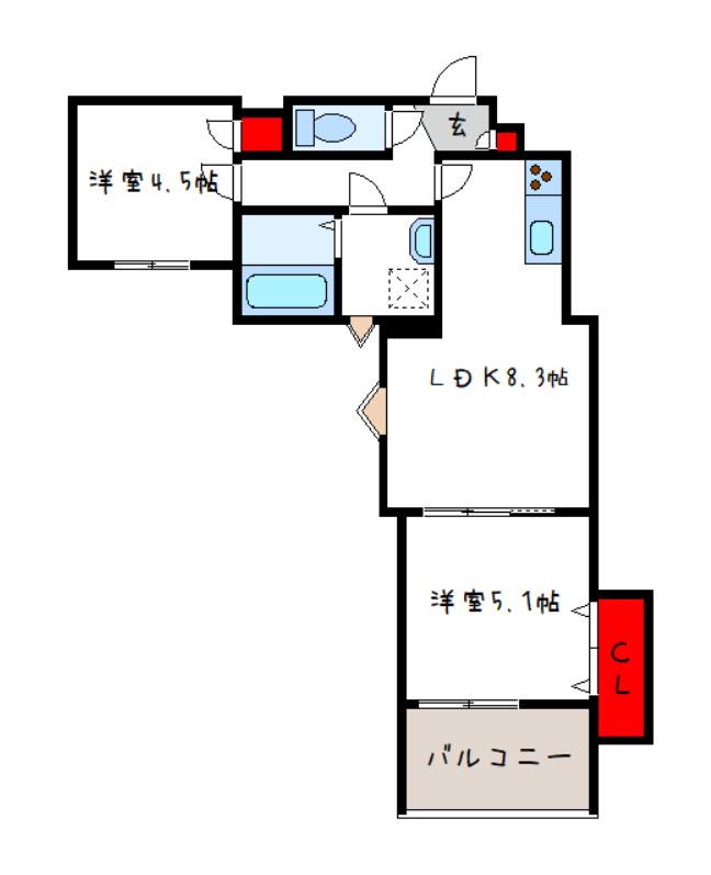 クリエオーレ宝持(2LDK/2階)の間取り写真