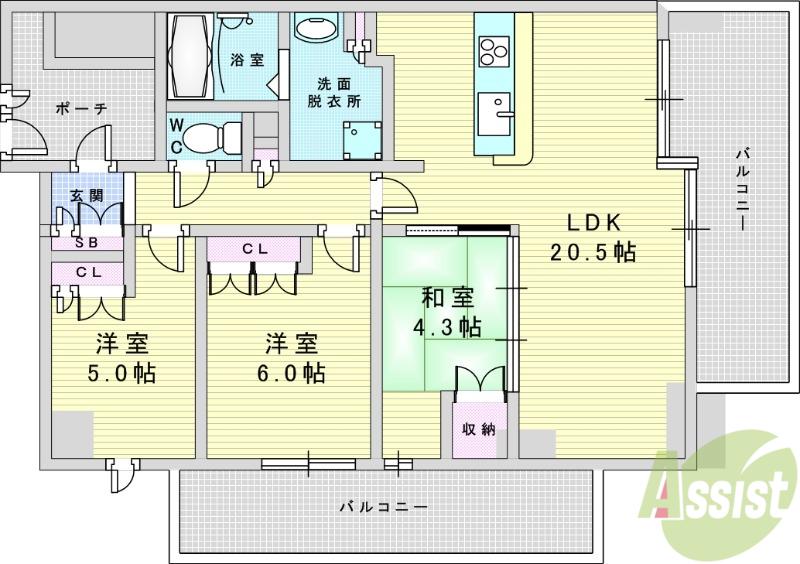 サンメゾン緑地公園アベニュー(3LDK/5階)の間取り写真