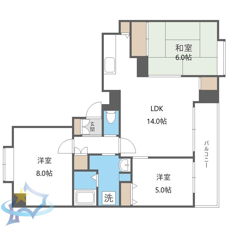 第2九条シャトー桂和(3LDK/8階)の間取り写真