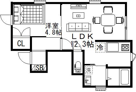 パティオ弦巻II(1LDK/1階)の間取り写真