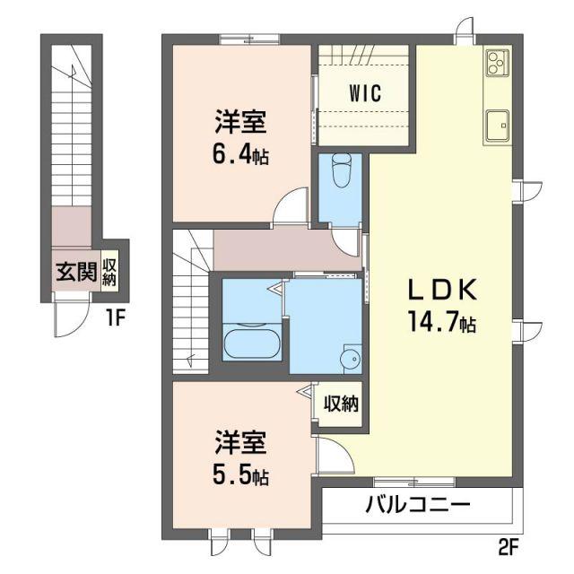 ソレイユ B棟(2LDK/2階)の間取り写真