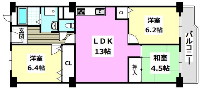茨木春日丘グリーンハイツB棟(3LDK/6階)の間取り写真