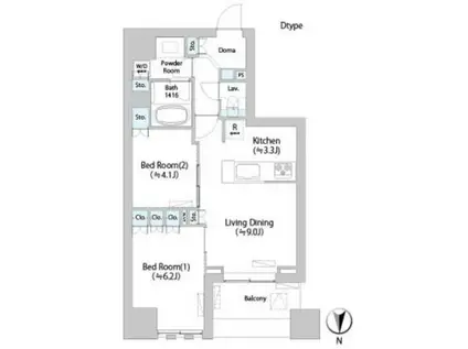 ネウボーノ菊川II(2LDK/9階)の間取り写真