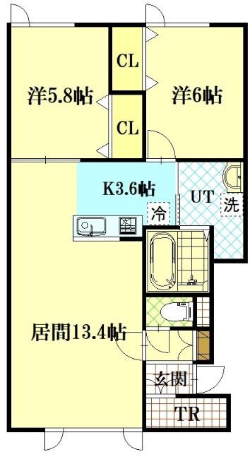リュミエールB棟(2LDK/1階)の間取り写真