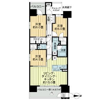 ラシュレ大阪同心(3LDK/11階)の間取り写真