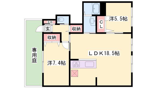 シャーメゾン神河(2LDK/1階)の間取り写真