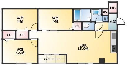 HIT KITATANABE SIX(3LDK/2階)の間取り写真