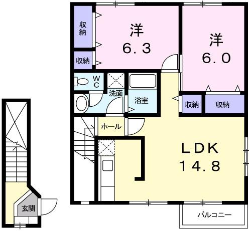 シャン・ド・フルールI(2LDK/2階)の間取り写真