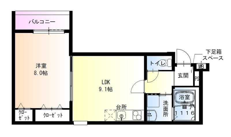 近鉄八尾II番館(1LDK/2階)の間取り写真