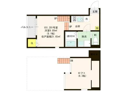 ハーモニーテラス片江(1K/2階)の間取り写真