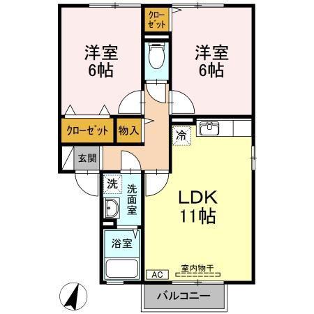 プランタン ブルックAB棟 A棟(2LDK/2階)の間取り写真