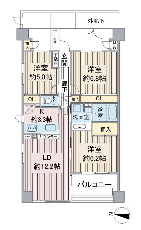ヴィルヌーブ東戸塚プレジール(3LDK/2階)の間取り写真