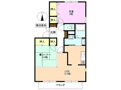 マリーライフ B棟(1LDK/2階)の間取り写真