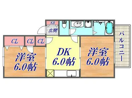 大倉山ハイツA棟(2DK/2階)の間取り写真