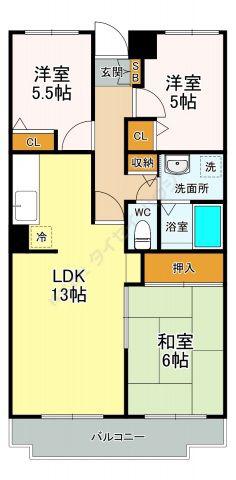 カーサ中筋(3LDK/1階)の間取り写真