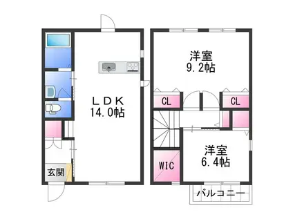 LA FERIO古屋(2LDK/2階)の間取り写真