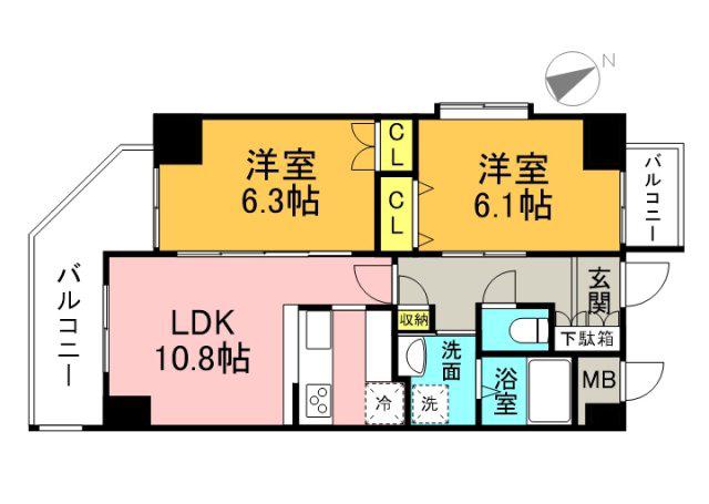 GRACECOURTSHINJYO(2LDK/6階)の間取り写真