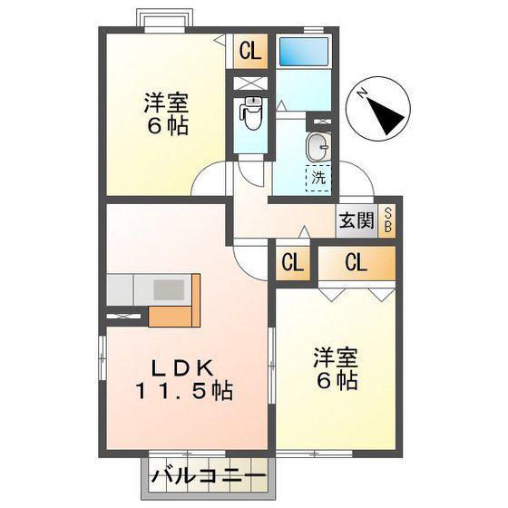 CASA WAKAMATSU B棟(2LDK/1階)の間取り写真