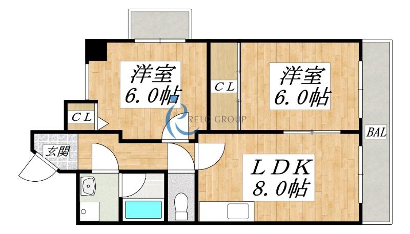 コンチネンタル平野(2LDK/3階)の間取り写真
