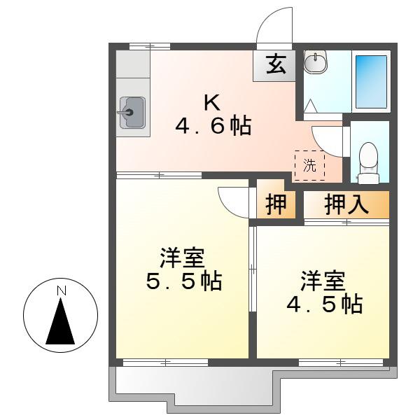 ハイツあかね B棟(2K/2階)の間取り写真