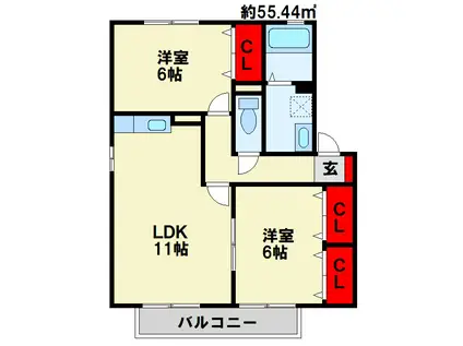 サニーフラット若園D棟(2LDK/2階)の間取り写真