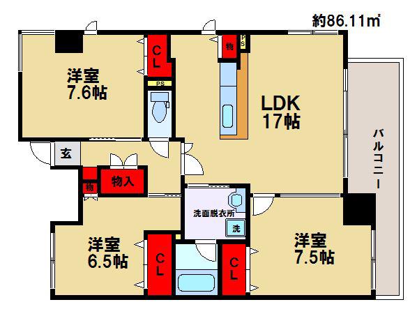 オーブランシュ徳尚(3LDK/4階)の間取り写真