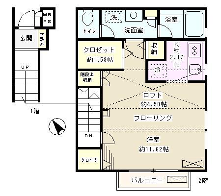 ESPOIR PIO妙典B棟(1K/2階)の間取り写真