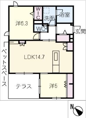 LARGO UNOMORI(2LDK/1階)の間取り写真
