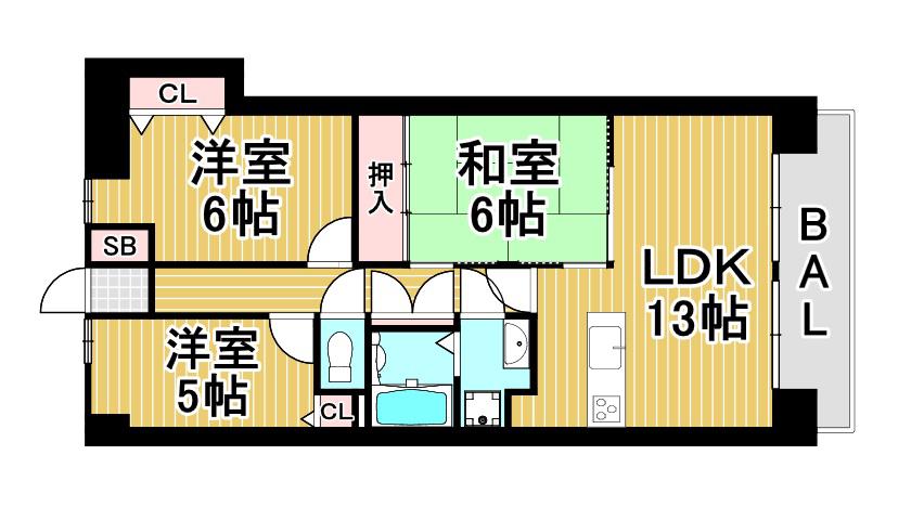 ライオンズマンション熊取第2(3LDK/6階)の間取り写真