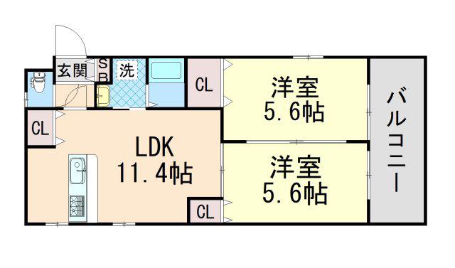 ロイヤルメゾン六甲V(2LDK/3階)の間取り写真