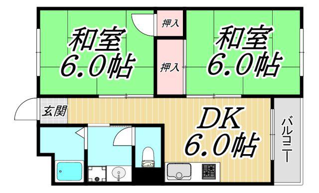 第一ハイツ武庫庄(2DK/3階)の間取り写真