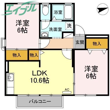カーサセレーノ B棟(2LDK/2階)の間取り写真