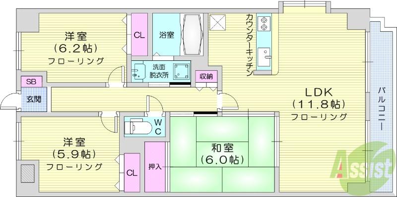 東仙台ガーデンハイツⅢ(3LDK/3階)の間取り写真