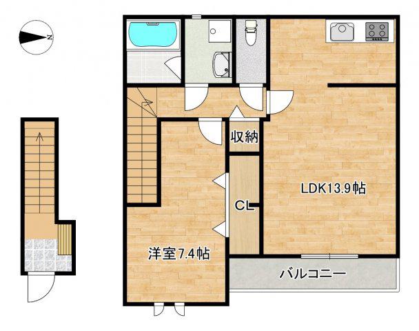 ホワイトレーク大萱(1LDK/2階)の間取り写真