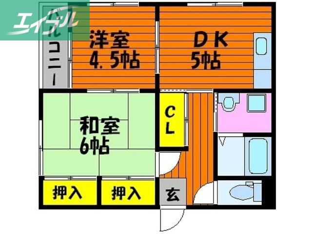 マンションオモテ(2DK/1階)の間取り写真