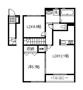 プランドール エルメゾンネクスト(2LDK/2階)の間取り写真