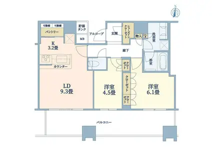 パークタワー北浜(2LDK/36階)の間取り写真