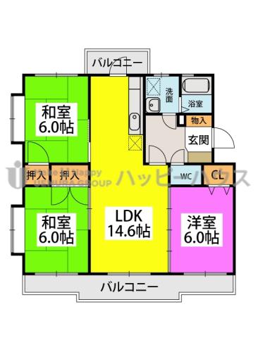 サンハイツ塔原(3LDK/3階)の間取り写真