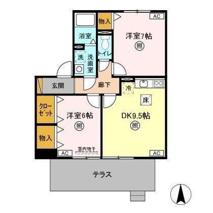 ROYALGARDENCASAHARA(2DK/1階)の間取り写真