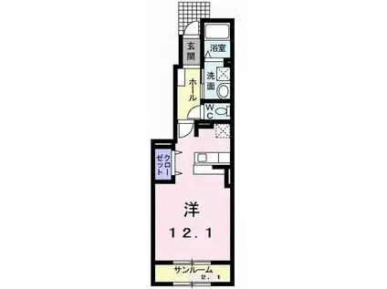 アウローラA・B棟(ワンルーム/1階)の間取り写真