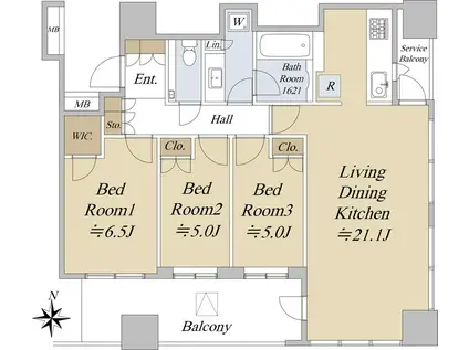 クラッシィタワー淀屋橋(3LDK/21階)の間取り写真